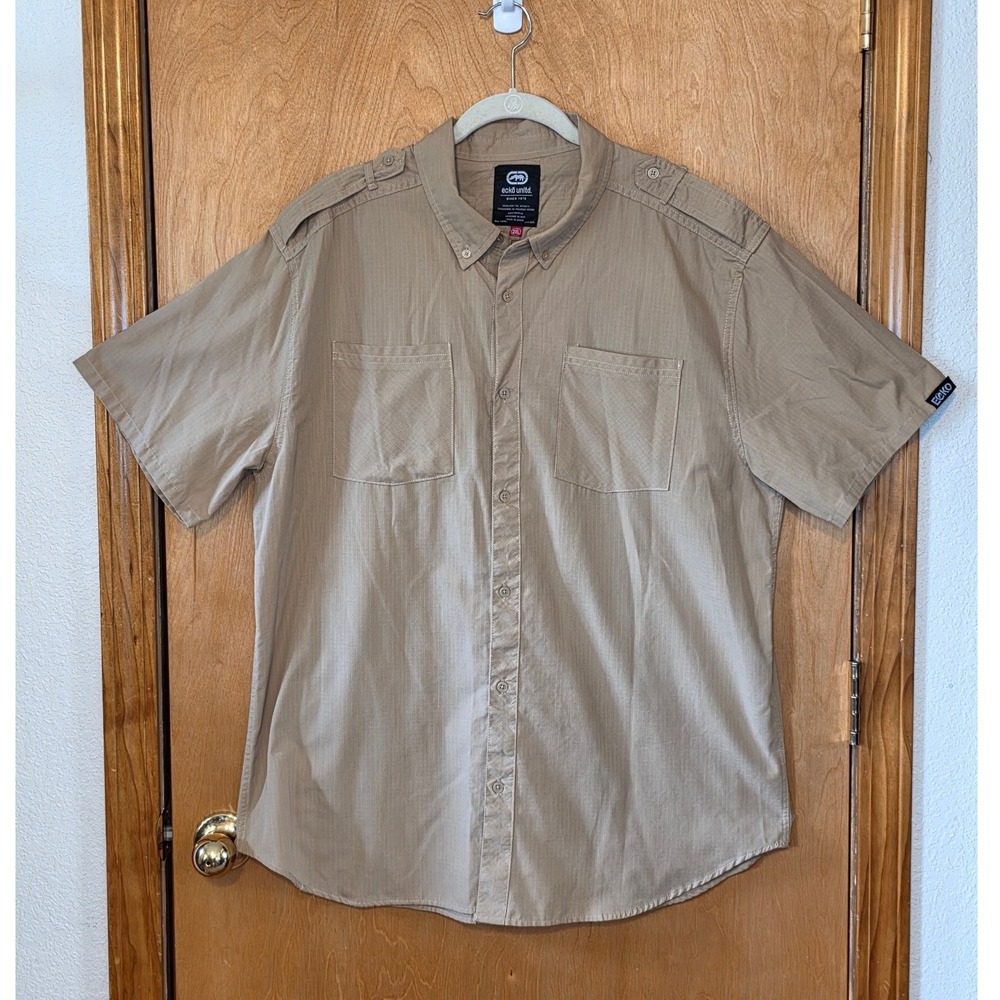 Ecko Unltd Shirt Mens 2XL Khaki Tan Tactical Military Safari Button Down
